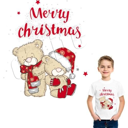 Cute Bears Clothes Stickers Print On T-Shirt Clothes Decoration New Design Washable Diy Accessory Patches Merry Christmas
