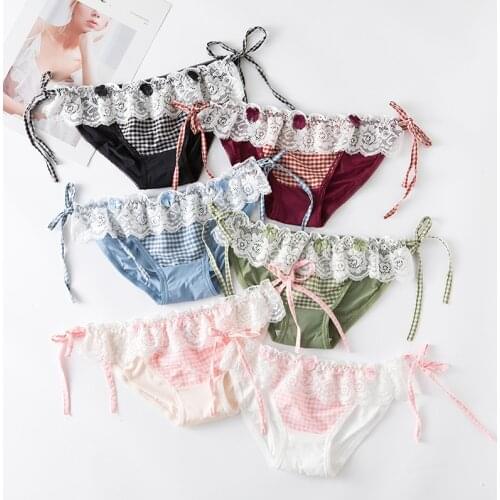 Japanese Girly Underwear Plaid Lotus Leaf Lace Cute Little Flower Girl Tie Bowknot Underwear Cotton Bottom Comfortable Buttocks