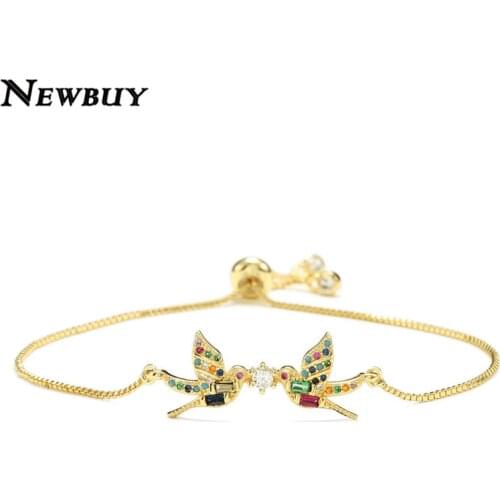 NEWBUY Gold Color Cute Couple Birds Charm Bracelet For Women Rainbow CZ Pave Setting Jewelry Valentines Day Gift