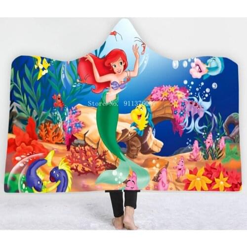 Disney Cute The little Mermaid Ariel Hooded Blanket Girls Bedroom Nap Blanket 3D-printed Sherpa Blanket Travel Picnic Blanket