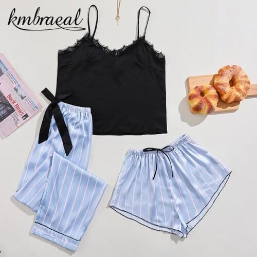 Pajamas for Women Emulation Silk Summer Condole Belt + Long Pants 3 Piece stripe Sleepwear Homewear Can Wear Outside Plus Size