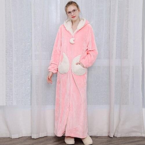 Women Men Long Warm Thick Winter Hooded Flannel Coral Fleece Sleepshirts Star Moon Nightdress Zipper Pink Night Wear Dress Gown