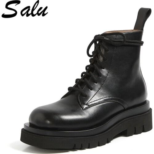 Salu 2020 Genuine leather boots low heel round toe casual ladies shoes fashion lace up autumn winter ankle boots for woman