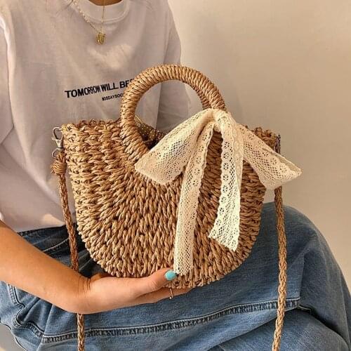 Women Girls Straw Cross-body Bag, Handwoven Summer Beach Shoulder Bag with Tassels