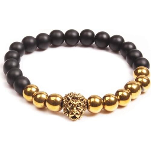 Light Yellow Gold Color Lion Head Connect Black Stone Round Beads Elastic Bracelet Fashion Jewelry