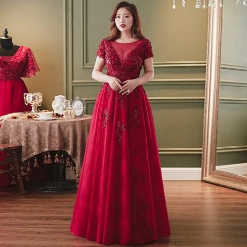 Evening Dress New O-Neck Short Sleeves Lace Up Appliques Burgundy Pleat Floor-Length A-Line Plus Size Women Formal Gowns D881