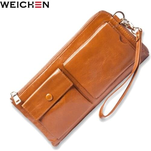 WEICHEN Cow Genuine Leather Vintage Women Wristlet Bags.Cell Phone Coin Card Pocket Purse Wallets Clutch Handbags Carteiras Lady