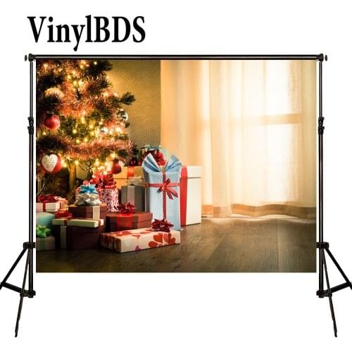 VinylBDS Children Christmas Tree Photography Background White Curtain Background Photography Vintage Wood Floor Backdrop