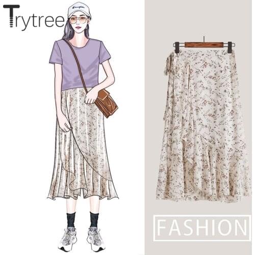 Trytree 2020 Summer Women Casual Skirt Chiffon Print 2 Color Ruffles High Waist A-line Bandage Fashion Elegant Mid-Calf Skirt