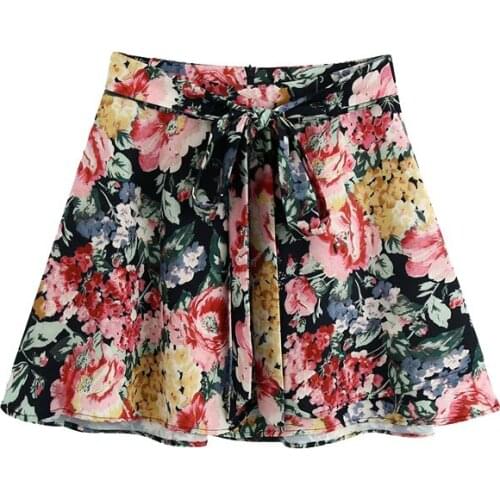 Klacwaya Women 2020 Chic Fashion Floral Print Bow Tied Sashes Mini Skirt Vintage High Waist Back Zipper Female Skirts Mujer