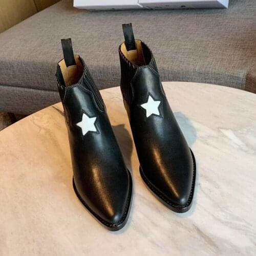 Star Design Pointed Toe Low Heels Ankle Boots For Women Luxury Brand Solid Color Genuine Leather Short Boot Winter Warm Boots