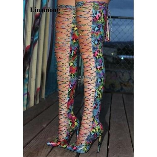 Women Sexy Pointed Toe Mixed-colors Snake Leather Over Knee Stiletto Heel Gladiator Boots Lace-up Cross Long High Heel Boots