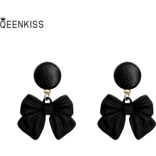 QEENKISS EG761 Fine Jewelry Wholesale Woman Girl Birthday Gift Black Personalized Bow 925 Sterling Silver Needle Stud Earrings