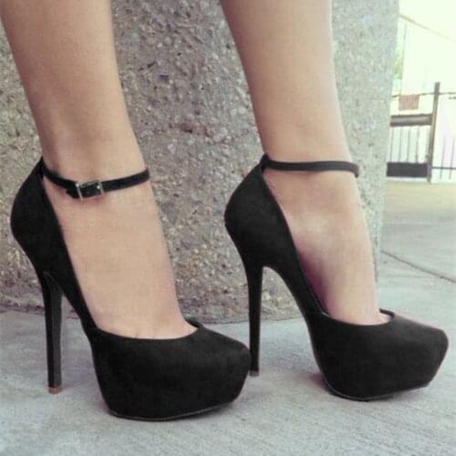 BERZIMER Suede Women Platform Heels Round Toe Ankle Strap Shoes Woman Stiletto Pumps Zapatos Mujer Unisex Large Size 44 50 51 52