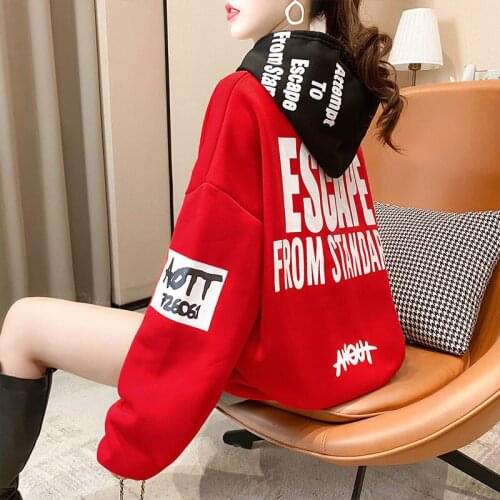 Printed Letters Hooded Sweater Womens Plus Velvet Autumn and Winter Korean Loose Top Coat Ins Tide