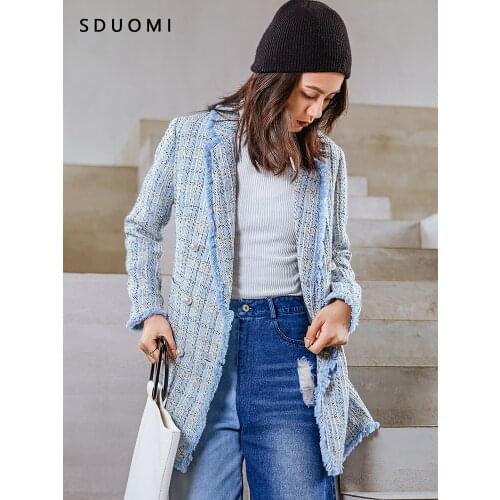 Spring new small fragrance suit double breasted medium and long tweed suit coat womens coat