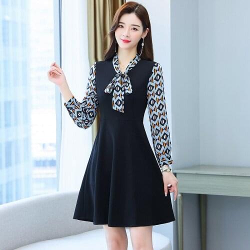 Womens Autumn New Style Knitted Dress Casual Long Sleeve Patchwork Flower Printed Black Dress Long Tops A-Line Chiffon Dresses