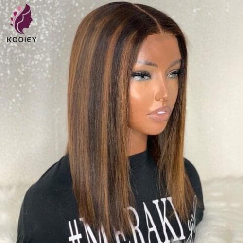 13x4 Brown And Black Highlight Lace Front Wigs Pre Plucked Brazilian Remy Transparent Straight Short Bob Frontal Wig 180 Density