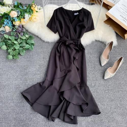 2021 Summer Dresses Asymmetrical V Neck Summer Midi Long Wrap Irregular Dress Evening Party Sashes Women Casual Vestidos