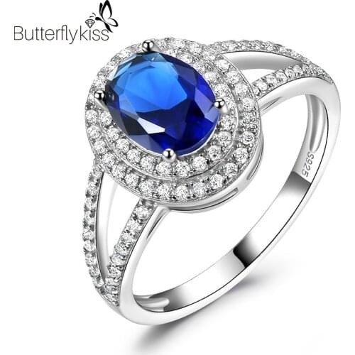 BK Women 925 Sterling Silver Rings Luxury 6*8mm Created Sapphire Blue Gemstone Zircon Fashion Wedding Fine Jewelry Female Gifts