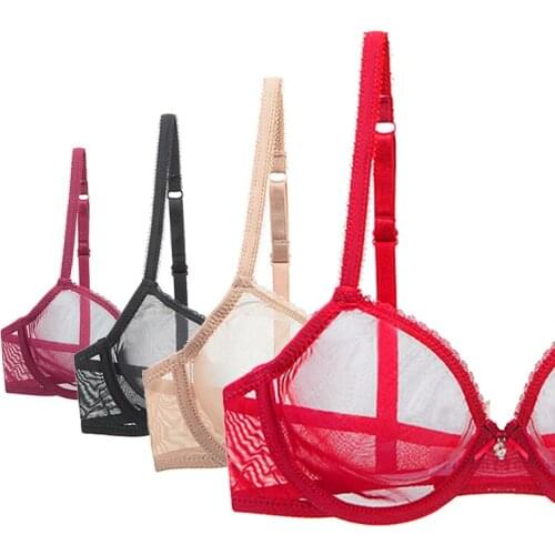 New Red Transparent Bras For Women Plus Size Sexy Lingerie Push Up Lace Mesh Girls Bra Top See Through White Black 40 42 A B C D