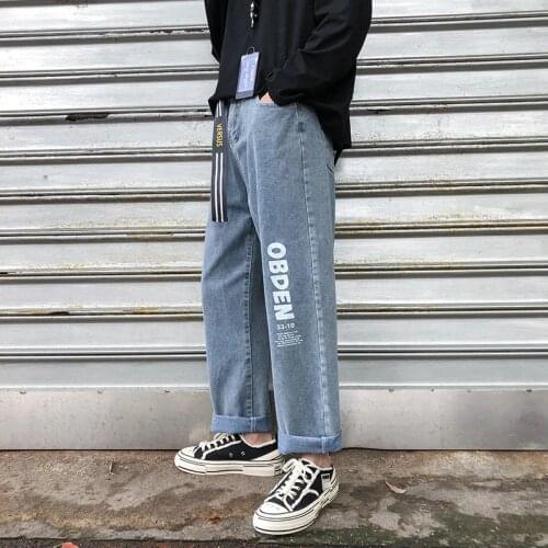Jeans Mens Loose 2021 New Straight Wide Leg Pants Mens Korean Version Trend Wild Letter Print Jeans Trend 3XL