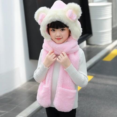 Lovely Winter Hats For Girls Boys Children Winter Cap Cartoon Animal Ear Neck Protect Thick Velvet Warm Baby Hats Gloves Set