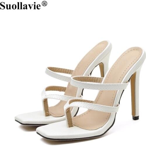 Suollavie New Women Slippers Mesh Soft High Quality Slides Summer Square head Peep Toe High Heel Slip On Thin Heels Mules Shoes