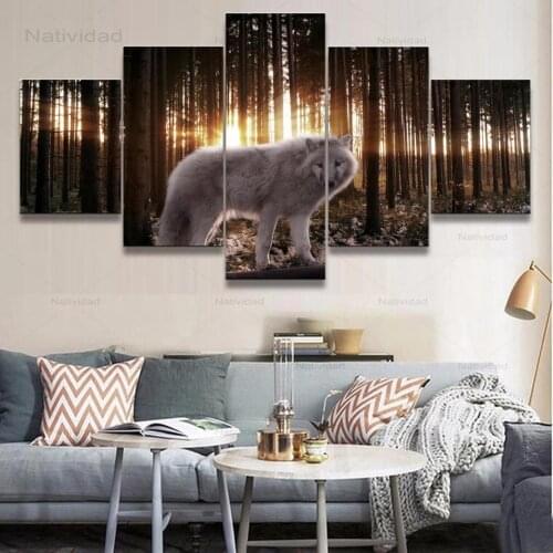 Wall Art Modern Hd Printed 5 Pieces Forest White Wolf In The Sun Posters Home Decor for Living Room Canvas Painting No Frame