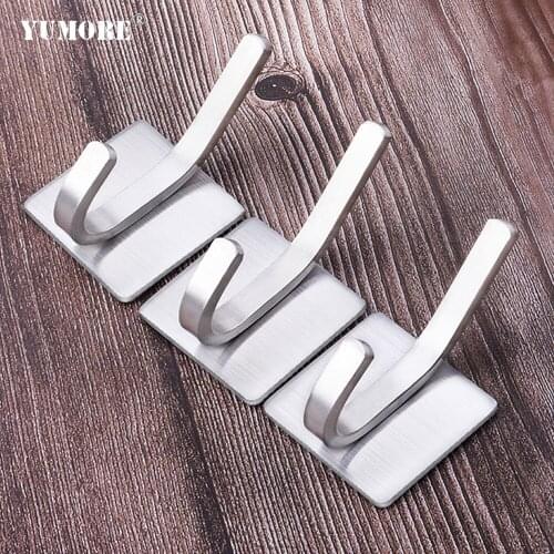 YUMORE 304 Stainless Steel Door Wall Hook Self Adhesive Sticky Kitchen Bathroom Key Bag Coat Hanger Storage Hanging Holder Rack