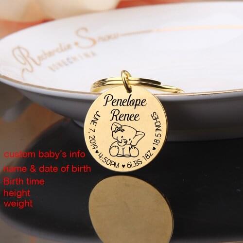 Stainless Steel Customized Baby Stats Child Name Height Weight Birth Time Exquisite Trendy Round Keychain Gift