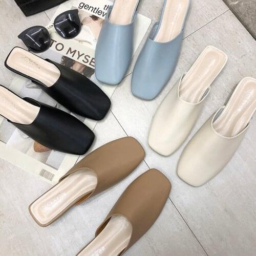 2020 new spring and summer square head retro grandma shoes Baotou sandals and slippers Korean flat lazy half slippers women wear