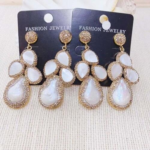 New Elegant Pearl Earring Pave Rhinestone Long Drop Dangle Earring Copper 24K Gold Plated 3pairs