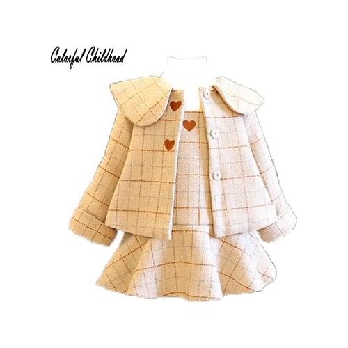 2018 Autumn Baby Girls full Sleeve Clothes plaid suspender skirt + Coats Sets Kids clothes England style suits boutique outfits