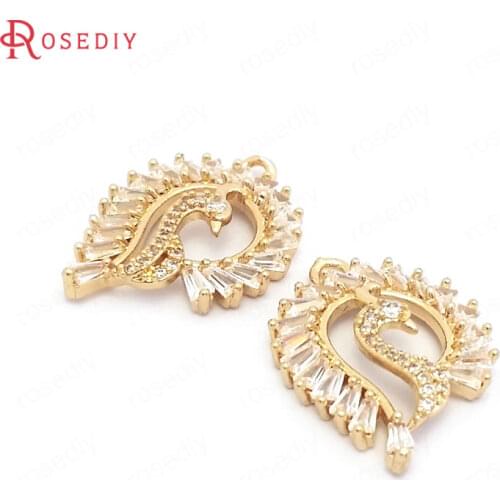 39546)4PCS 17x23MM 24K Gold Color Brass and Zircon Peacock Charms Pendants Jewelry Making Supplies Diy Findings Accessories