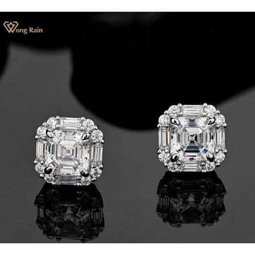 Wong Rain 925 Sterling Silver Asscher Cut Created Moissanite Ruby Gemstone Wedding Simple Ear Studs Earrings Fine Jewelry Gift