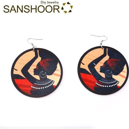 SANSHOOR Afro Printing Woman Wood Earrings Afrocentric Bohemia Jewelry For Christmas Gifts 1Pair