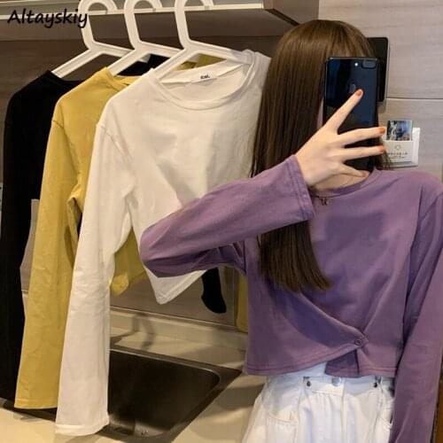 T-shirts Women 4-colors Button Long Sleeve O-neck Basic Spring Autumn Daily Students All-match Popular Soft Workout Ulzzang Chic