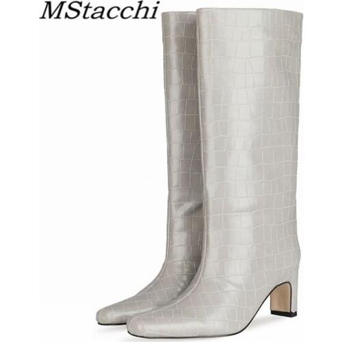 MStacchi Retro Crocodile Print Woman Boots Square Toe Low Heel Blue Big Size Slip-on Knee-length Boots Autumn Shoes For Women