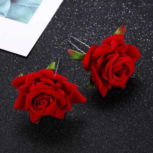 FORSEVEN Women Girl Bridal Bride Wedding Party Hair Jewelry U Shape Red White Rose Flower Hair Pins Sticks Clips Ornaments