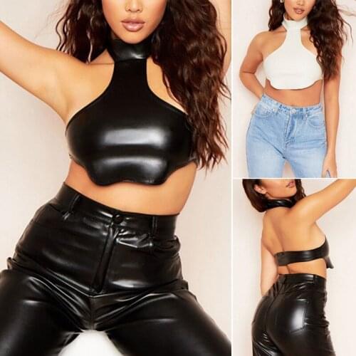 Womens Fashion Sexy T-shaped Halter Halter Halter Ultra Short Leather Vest Top