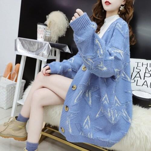 Women Casual Sweater Cardigans V Neck Stars Pattern Loose Oversize Jumpers Korean 2021 Autumn Winter Cardigan Knit Sweaters Coat