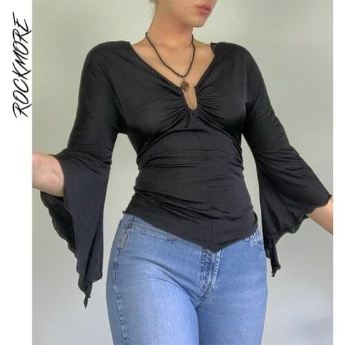 Rockmore Vintage Flare Sleeve Crop Top Women 90s Aesthetic V-neck T-Shirt Retro Harajuku Slim Tee Shirts Fairy Grunge Clothes