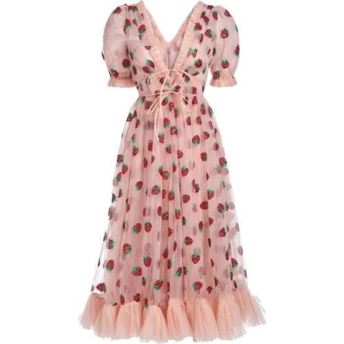 Strawberry Dress Women Fashion Deep V Puff Sleeve Sweet Voile Mesh Sequins Embroidery French Party Dresses 4XL 5XL