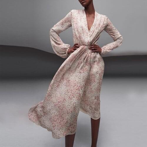 Vintage Elegant Draped Floral Printed Chiffon Woman Dress 2021 Summer Vacation Bohemian V-neck Long Sleeve Midi Dreses