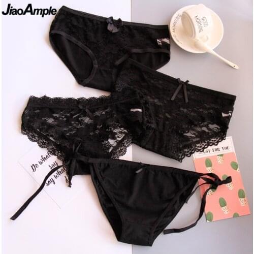 4 Pieces Women Sexy Black Lace Panties Set Lady Cozy Mid-rise Briefs Girls Bow-knot Underpants Womens Knickers Underwear Female