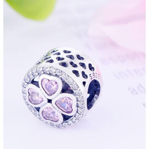 Fit Original Charm Bracelet Authentic 925 Silver Four Clover Pink Color Zircon Stone Bead For Making Women Valentine Berloque