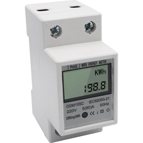 DDM15SC Digital 1P DIN-Rail Energy Meter LCD 5-80A 220V 50Hz Electronic KWh Meter Power Consumption Monitor