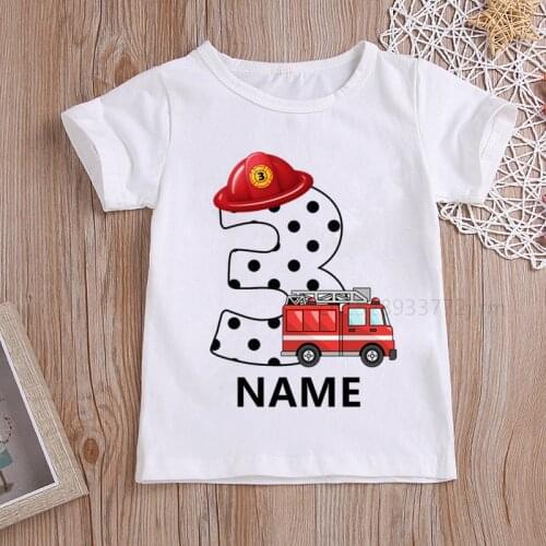 Kids Firefighter Truck Name Numbers Birthday T-Shirt Children Fireman Happy Birthday T Shirt Boys/Girls T-Shirt Baby Girls Top