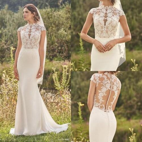 Elegant Mermaid Wedding Dress Lace High Neck Cap Sleeves Boho Bohemian Bridal Gowns 2021 Ivory White Modest Bride Dress Satin